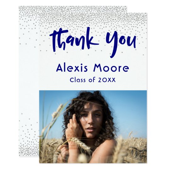 Silver Confetti Navy Photo Graduation 4 Thank You Card