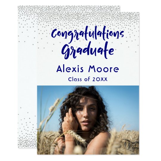 Silver Confetti Navy Photo Graduation Announcement