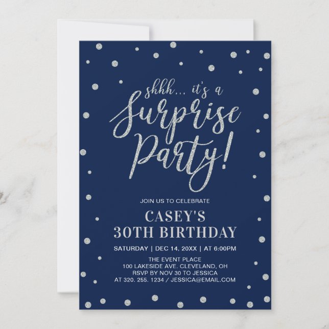 Silver Confetti & Navy | Surprise Birthday Party Invitation (Front)