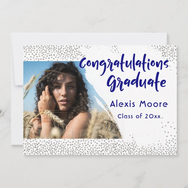 Silver Confetti/Navy Text Graduation Announcement (Front)