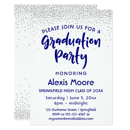 Silver Confetti & Navy Typography Grad Party, 2 Card
