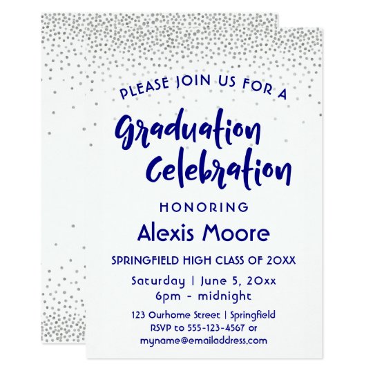 Silver Confetti & Navy Typography Graduation Party Card