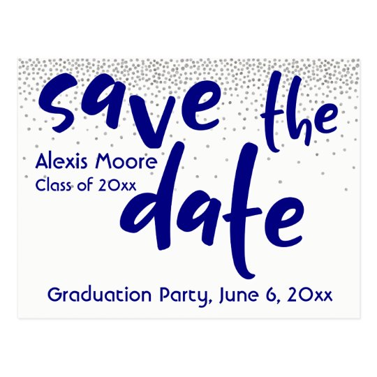 Silver Confetti Navy Typography Save the Date 1 Postcard
