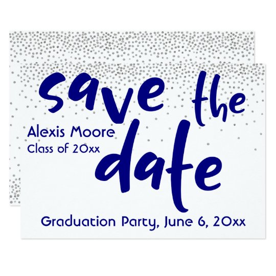 Silver Confetti Navy Typography Save the Date 1b Card