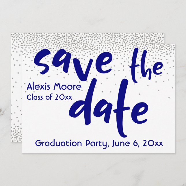 Silver Confetti Navy Typography Save the Date 1b Invitation (Front/Back)
