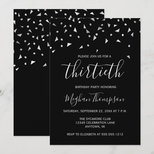 Silver Confetti on Black 30th Birthday Party Invitation (Front/Back)
