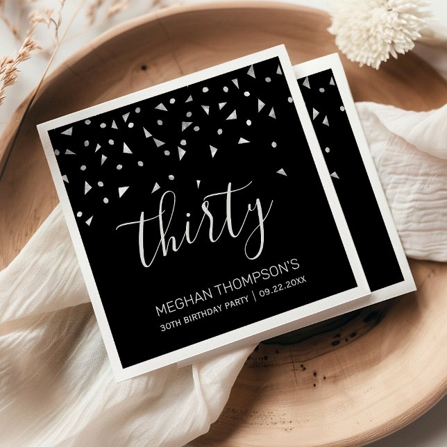 Silver Confetti on Black 30th Birthday Party Napkin (Creator Uploaded)