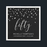 Silver Confetti on Black 50th Birthday Party Napkin<br><div class="desc">Help them celebrate their 50th birthday in style with this simple but elegant design, featuring faux silver triangular confetti sifting down on the word "fifty" in light grey handwriting font on a black background. Personalise it with the name of the honoree in light grey sans serif font, along with the...</div>