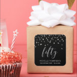Silver Confetti on Black 50th Birthday Square Sticker<br><div class="desc">Help them celebrate their 50th birthday in style with this simple but elegant design, featuring faux silver triangular confetti sifting down on the word "fifty" in light grey handwriting font on a black background. Personalise it with the name of the honoree in light grey sans serif font, along with the...</div>