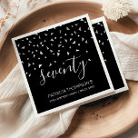 Silver Confetti on Black 70th Birthday Party Napkin<br><div class="desc">Help them celebrate their 70th birthday in style with this simple but elegant design, featuring faux silver triangular confetti sifting down on the word "seventy" in light grey handwriting font on a black background. Personalise it with the name of the honoree in light grey sans serif font, along with the...</div>