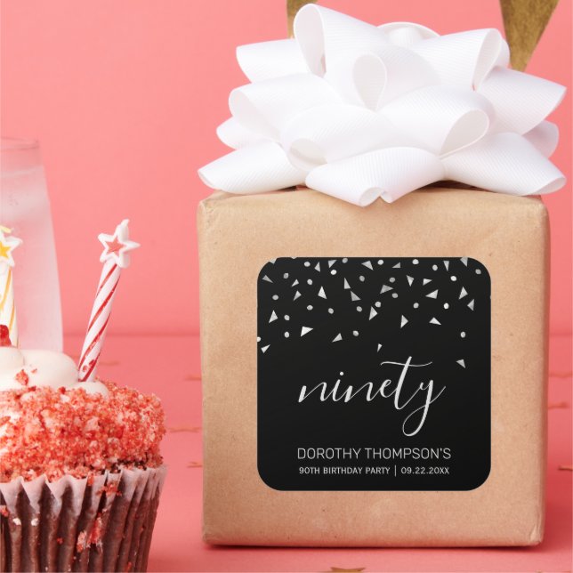 Silver Confetti on Black 90th Birthday Square Sticker (Party)