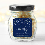 Silver Confetti on Navy Blue 90th Birthday Square Sticker<br><div class="desc">Help them celebrate their 90th birthday in style with this simple but elegant design, featuring faux silver triangular confetti sifting down on the word "ninety" in silver grey handwriting font on a navy blue background. Personalise it with the name of the honoree in silver grey sans serif font, along with...</div>