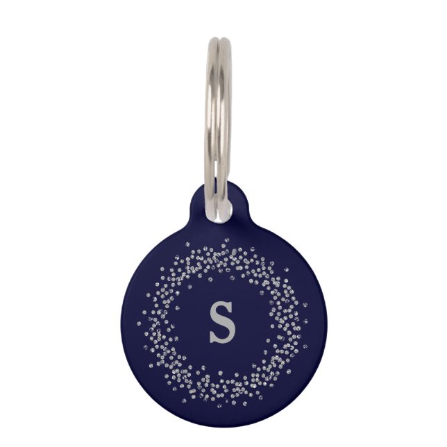 Silver Confetti on Navy Blue | Monogram Pet Tag (Front)
