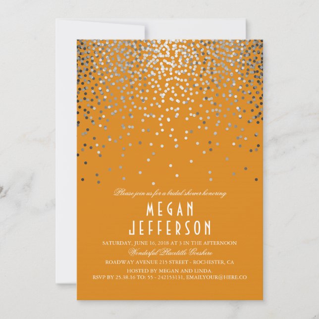 Silver Confetti - Orange Glitter Bridal Shower Invitation (Front)