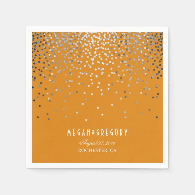 Silver Confetti Orange Wedding Napkin (Front)