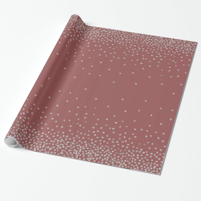 Silver Confetti Over Marsala Red Holiday Style Wrapping Paper (Unrolled)