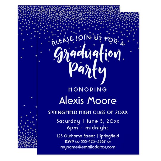 Silver Confetti Over Navy, Graduation Party 2 Card
