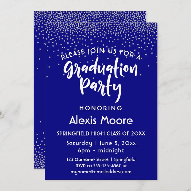 Silver Confetti Over Navy, Graduation Party 2 Invitation (Front/Back)