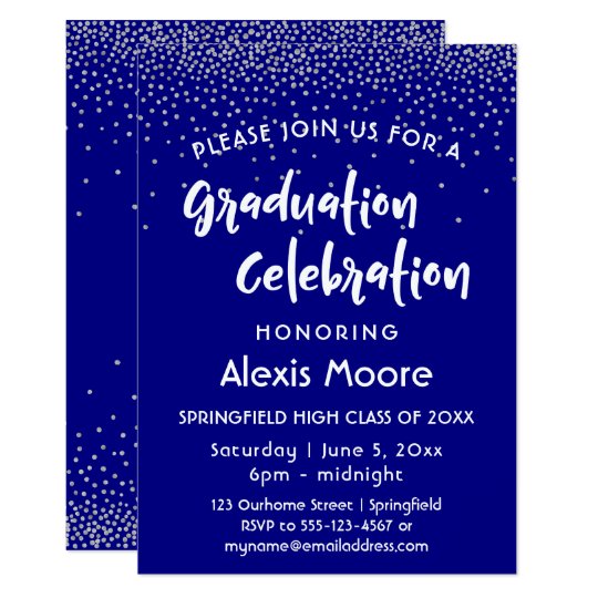 Silver Confetti Over Navy, Graduation Party Card
