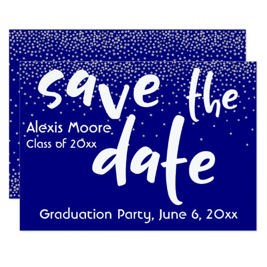Silver Confetti Over Navy, Modern Save the Date 1b Card