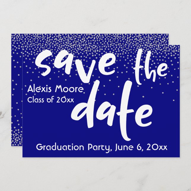 Silver Confetti Over Navy, Modern Save the Date 1b Invitation (Front/Back)