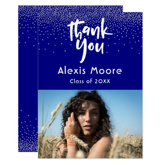 Silver Confetti Over Navy Photo Grad 3 Thank You Card