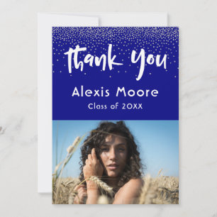 Silver Confetti Over Navy, Photo Grad 4 Thank You Announcement