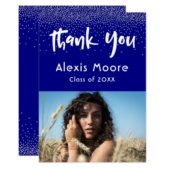 Silver Confetti Over Navy, Photo Grad 4 Thank You Card