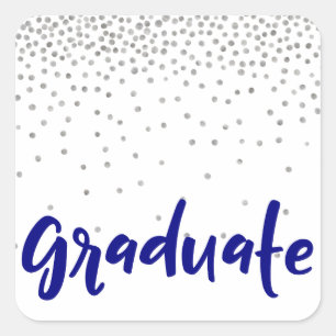 Silver Confetti Over White: Modern "Graduation" Square Sticker