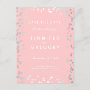 Silver Confetti Pink Elegant Save the Date Announcement Postcard