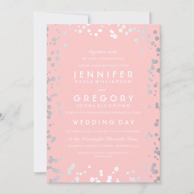 Silver Confetti Pink Modern and Elegant Wedding Invitation (Front)