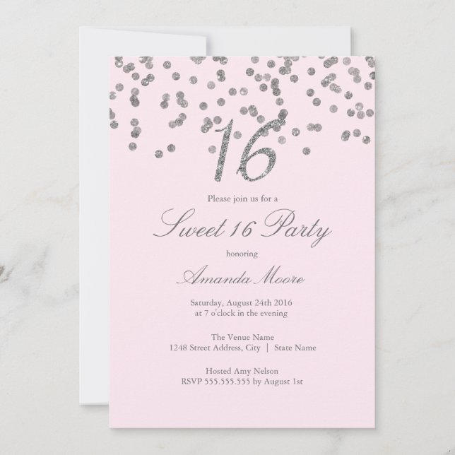 Silver Confetti Pink Sweet Sixteen Invitation (Front)