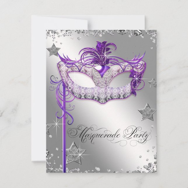 Silver Confetti Purple Masquerade Party Invitation (Front)