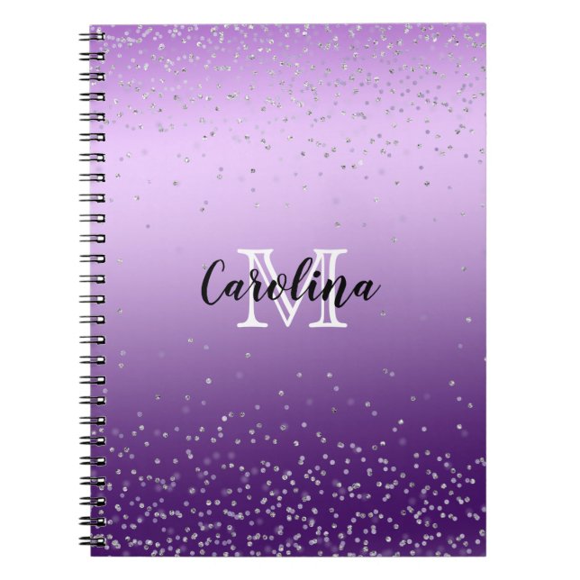Silver Confetti Purple Ombre monogram Notebook (Front)