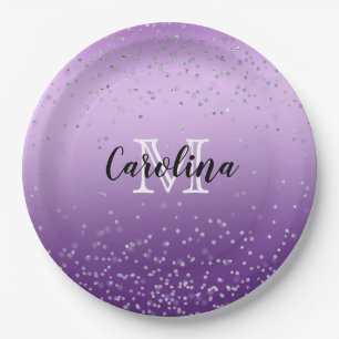 Silver Confetti Purple Ombre monogram Paper Plate