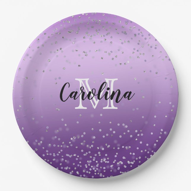 Silver Confetti Purple Ombre monogram Paper Plate (Front)