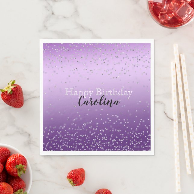 Silver Confetti Purple Ombre name Napkin (Insitu)