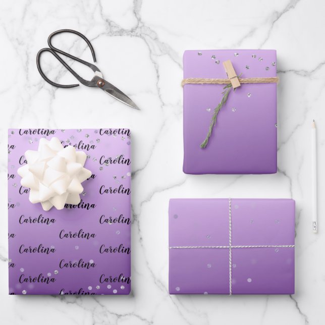 Silver Confetti Purple Ombre name Wrapping Paper Sheet (Front)