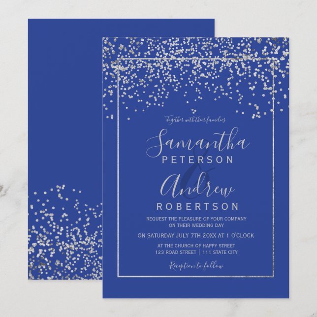 Silver confetti royal blue typography wedding invitation (Front/Back)