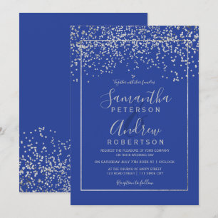 Silver confetti royal blue typography wedding invitation
