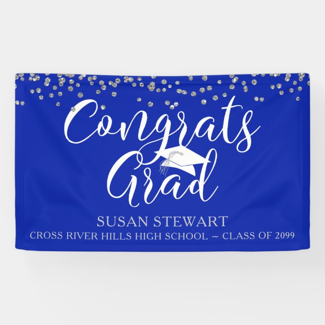 Silver Confetti Script CONGRATS GRAD Royal Blue Banner (Horizontal)