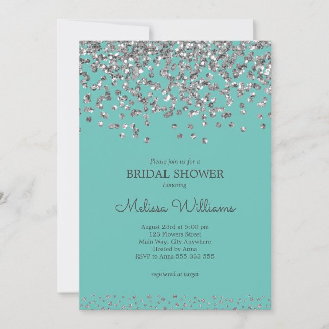 Silver Confetti Teal Elegant Modern Bridal Shower Invitation (Front)