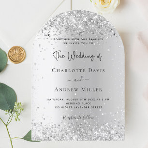 Silver confetti wedding arch invitation