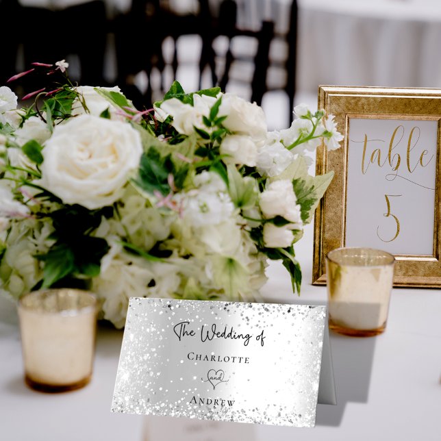 Silver confetti wedding names place card (Creator Uploaded)