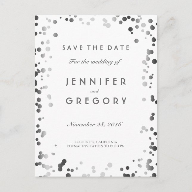 Silver Confetti White Elegant Save the Date Announcement Postcard (Front)