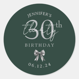Silver Coquette Bow 30th Birthday Party Green Classic Round Sticker