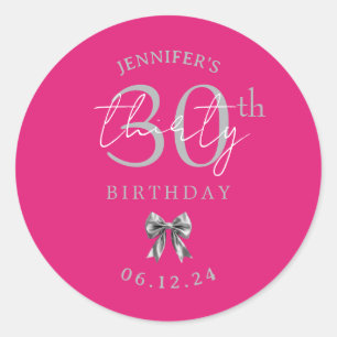 Silver Coquette Bow 30th Birthday Party Hot Pink Classic Round Sticker