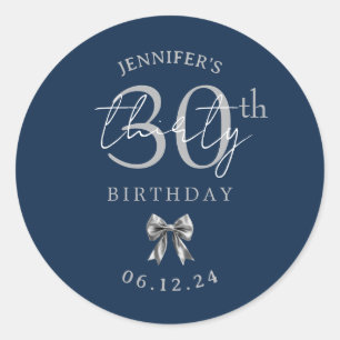 Silver Coquette Bow 30th Birthday Party Navy Blue Classic Round Sticker