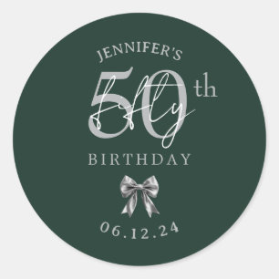 Silver Coquette Bow 50th Birthday Party Green Classic Round Sticker