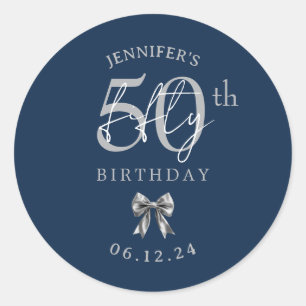 Silver Coquette Bow 50th Birthday Party Navy Blue Classic Round Sticker